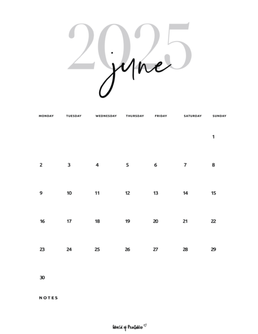 Minimalist June 2025 Calendar With Large Year and Notes Section