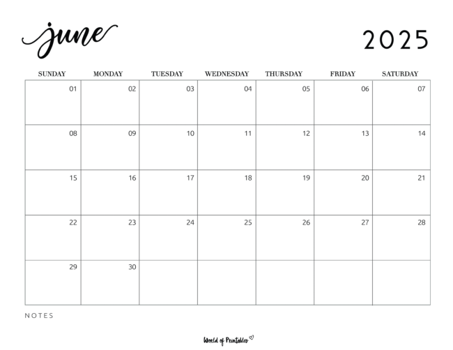 Minimalist June 2025 Calendar With Notes Section and Elegant Script