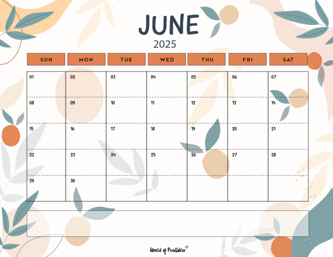 Minimalist June 2025 Calendar With Orange Accents and Leaf Illustrations
