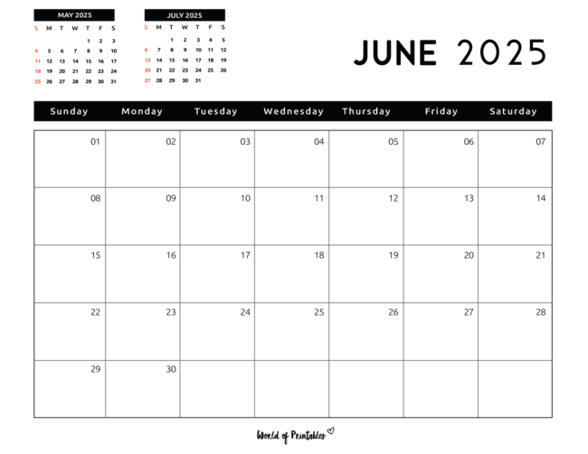 Minimalist June 2025 Calendar With Previews for Following Month