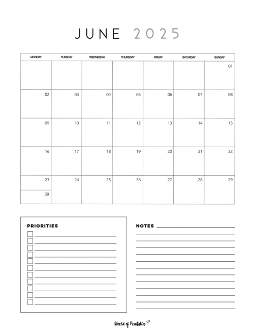 Minimalist June 2025 Calendar With Priorities and Notes Sections