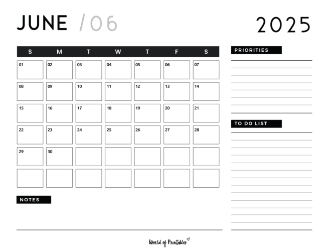 Minimalist June 2025 Calendar With Priorities and to-Do List and Notes Sections