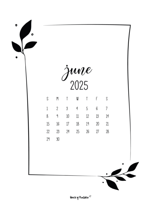 Minimalist June 2025 Calendar With Simple Leaf Decorations and Script Font