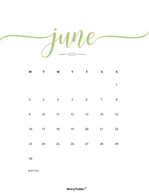 Minimalist June 2025 Calendar With Teal Header and Days of the Week and Notes Sections