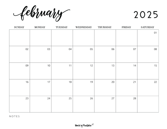 Minimalist february 2025 calendar with Notes section and elegant script