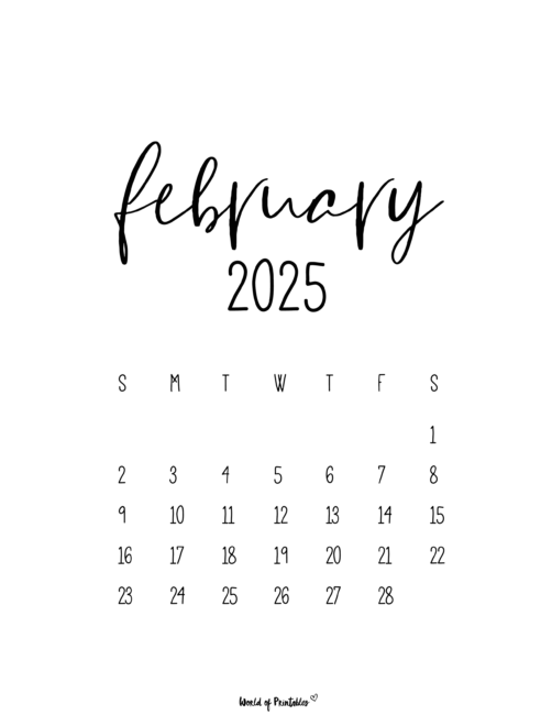 Minimalist february 2025 calendar with black handwritten font