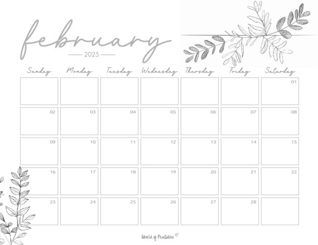 Minimalist february 2025 calendar with botanical illustrations and handwritten-style font