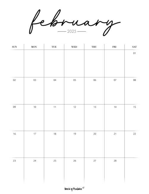 Minimalist february 2025 calendar with cursive header and spacious layout for notes