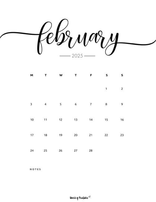 Minimalist february 2025 calendar with days of the week and notes section