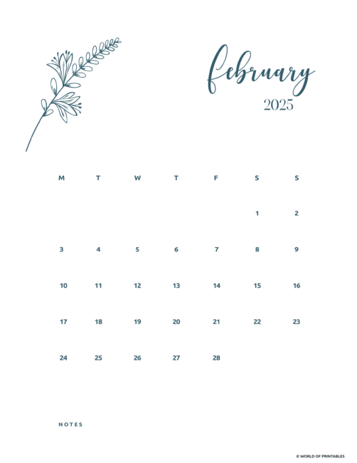 Minimalist february 2025 calendar with floral illustration and Notes section