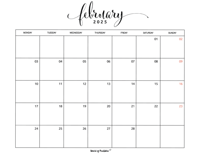 Minimalist february 2025 calendar with handwritten header and red Sundays