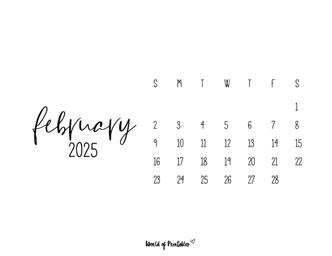Minimalist february 2025 calendar with horizontal layout and handwritten font