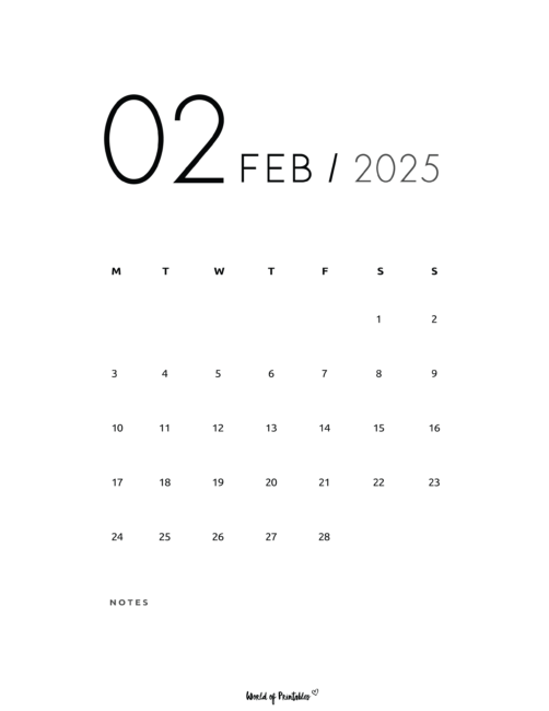 Minimalist february 2025 calendar with large date and notes section