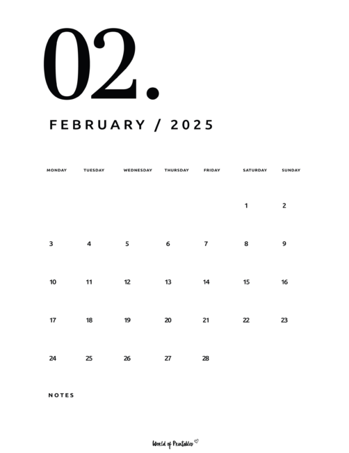 Minimalist february 2025 calendar with large date and notes section