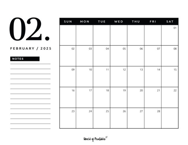 Minimalist february 2025 calendar with large date and notes section on left