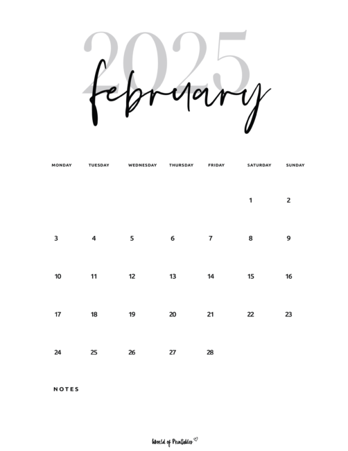 Minimalist february 2025 calendar with large year and notes section