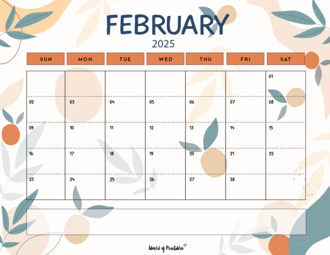 Minimalist february 2025 calendar with orange accents and leaf illustrations