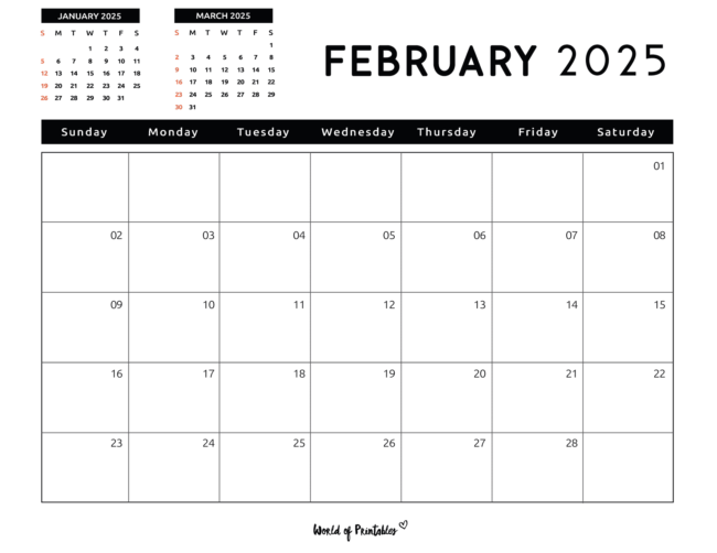 Minimalist february 2025 calendar with previews for following month