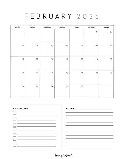 Minimalist february 2025 calendar with priorities and notes sections