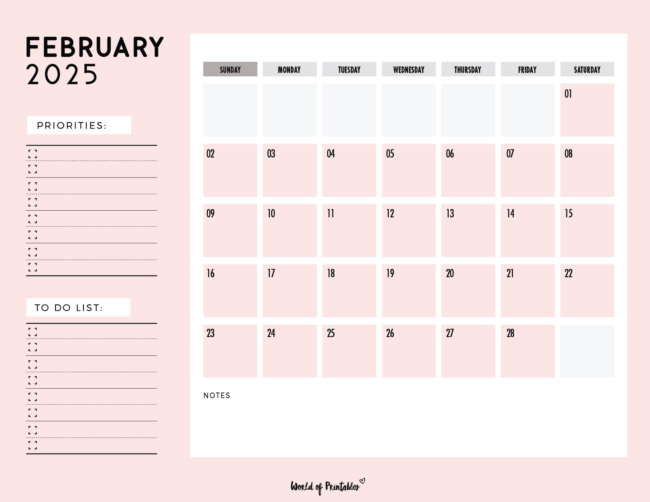 Minimalist february 2025 calendar with priorities and to-do list and notes sections
