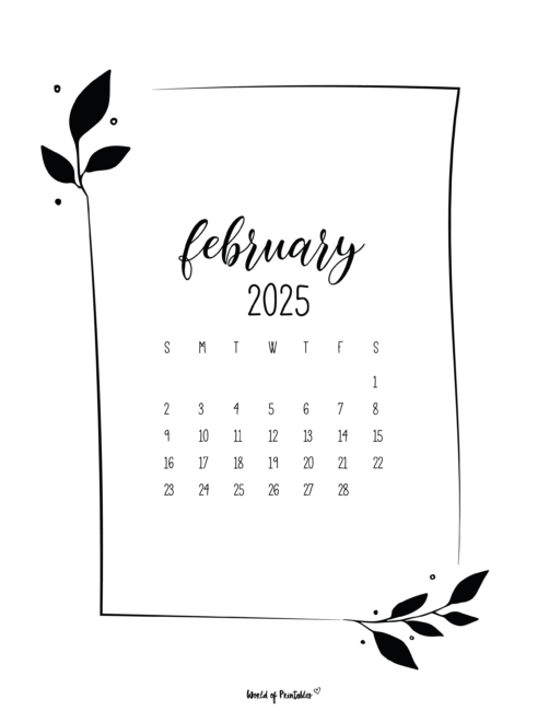 Minimalist february 2025 calendar with simple leaf decorations and script font