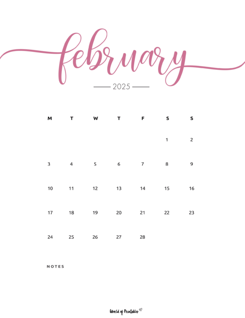 Minimalist february 2025 calendar with teal header and days of the week and notes sections