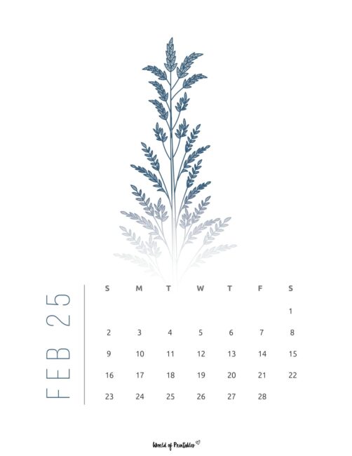 Minimalist february 2025 calendar with wheat illustration and vertical text