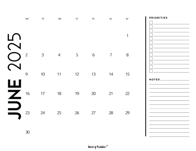 Modern June 2025 Calendar With Priorities and Notes Section on Right