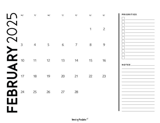 Modern february 2025 calendar with priorities and notes section on right