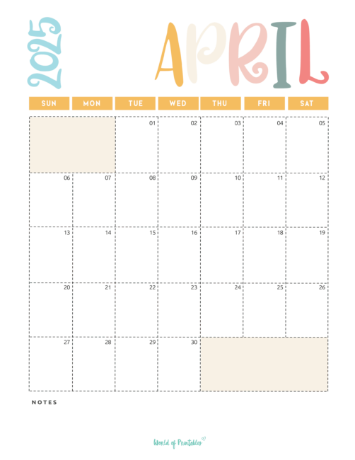 Pastel-Themed April 2025 Calendar With Colorful Headers and Dotted Date Boxes
