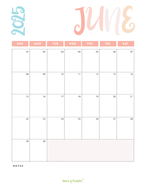 Pastel-Themed June 2025 Calendar With Colorful Headers and Dotted Date Boxes