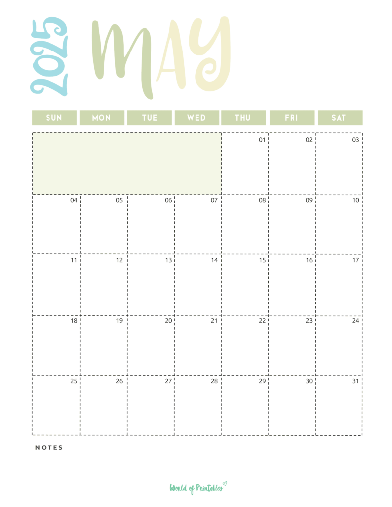 Pastel-Themed May 2025 Calendar With Colorful Headers and Dotted Date Boxes