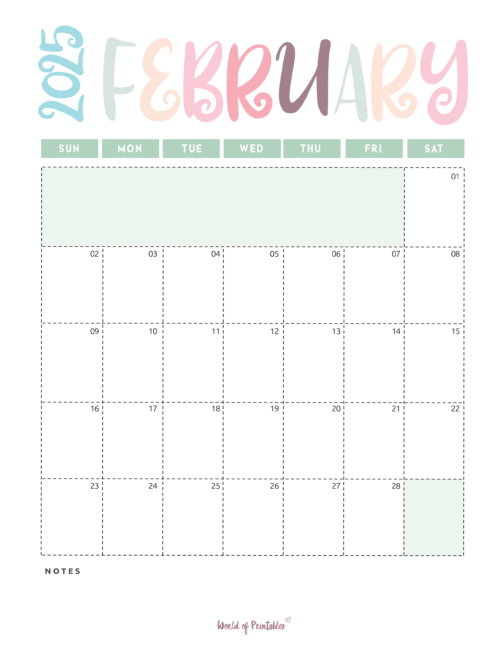 Pastel-themed february 2025 calendar with colorful headers and dotted date boxes