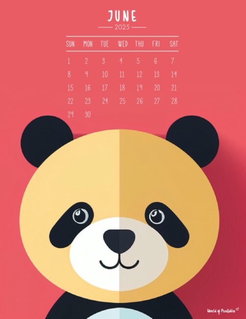 Playful June 2025 Calendar With a Cute Panda Illustration on a Red Background - Sunday Start