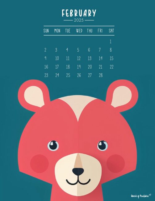 Playful february 2025 calendar with a cute bear illustration on a blue background - Sunday Start
