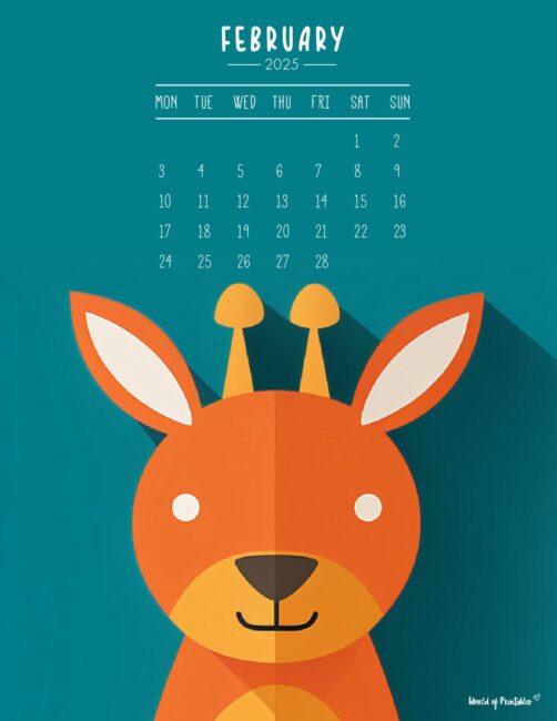 Playful february 2025 calendar with a cute deer illustration on a aqua blue background - Monday Start