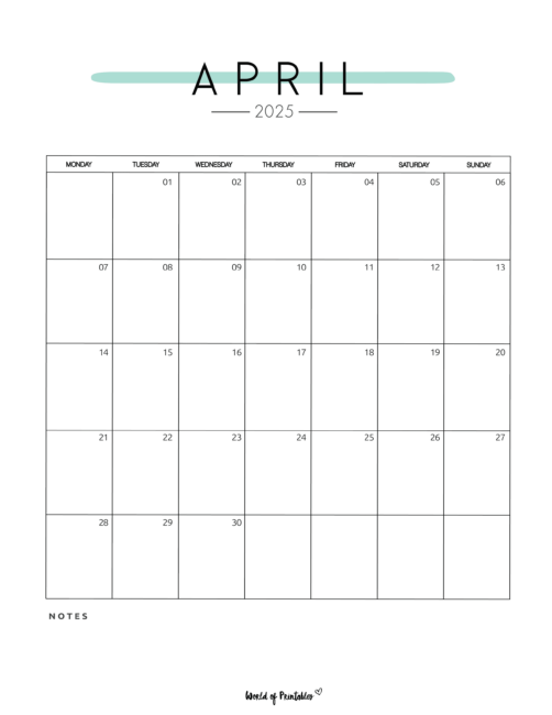 Simple April 2025 Calendar With Clean Design and Space for Notes