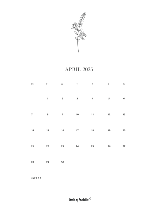 Simple April 2025 Calendar With Floral Illustration, Minimalist Design, and Notes Section