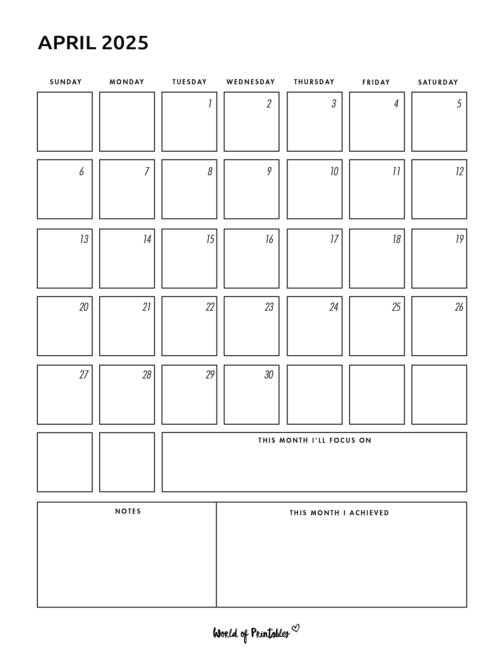 Simple April 2025 Calendar With Focus and Notes and Achievements Sections
