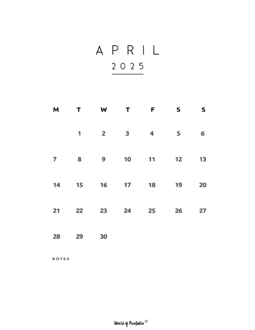 Simple April 2025 Calendar With Minimal Design and Notes Section
