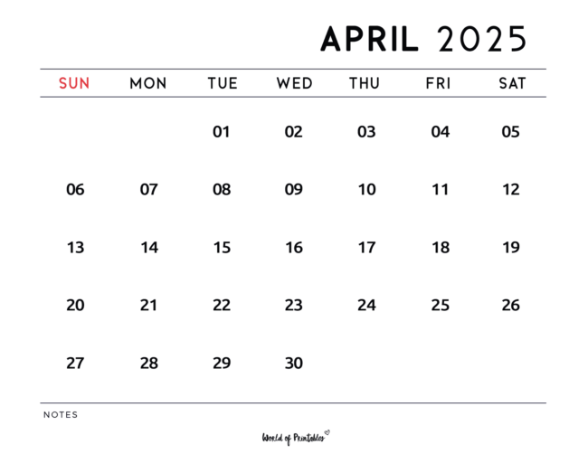 Simple April 2025 Calendar With Notes Section in Sunday Start Version