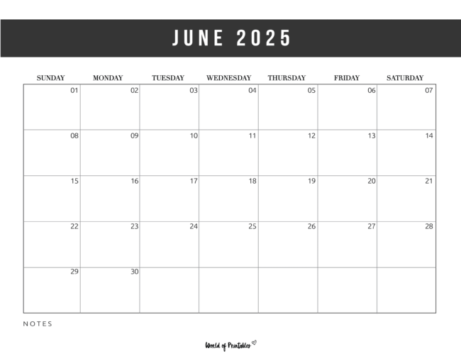 Simple June 2025 Calendar With Bold Header and Notes Section