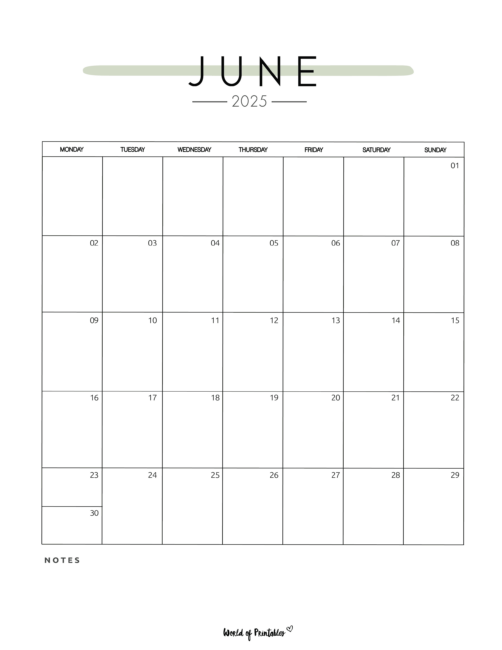 Simple June 2025 Calendar With Clean Design and Space for Notes