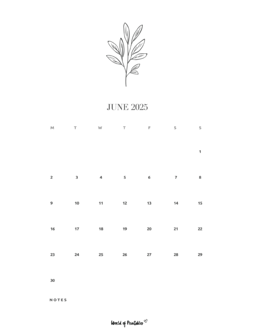 Simple June 2025 Calendar With Floral Illustration, Minimalist Design, and Notes Section