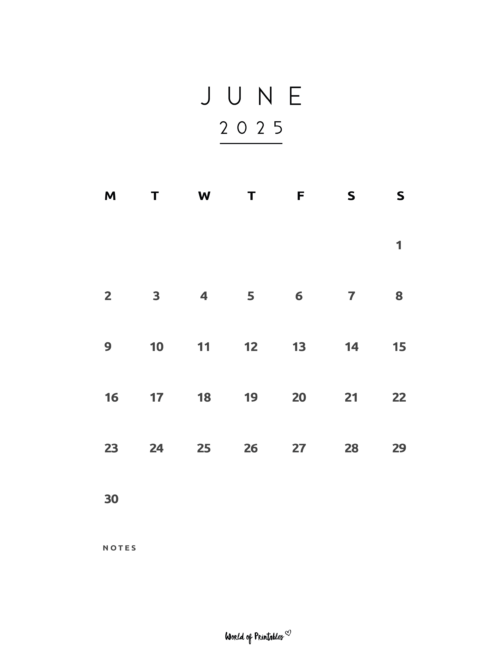 Simple June 2025 Calendar With Minimal Design and Notes Section