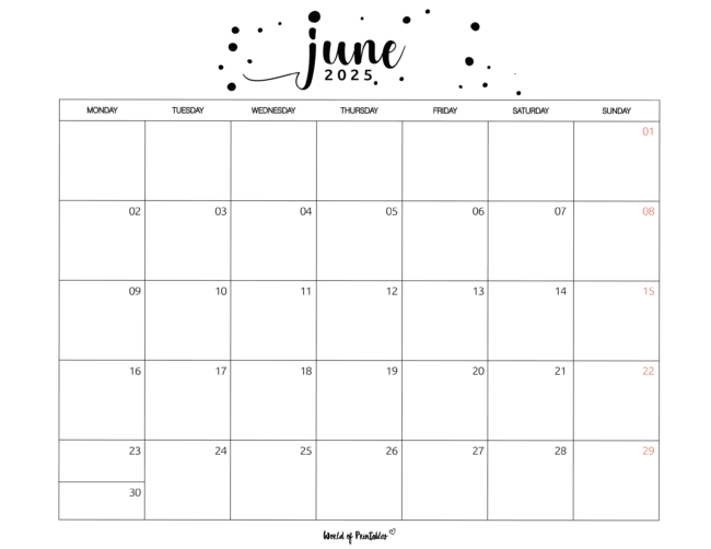 Simple June 2025 Calendar With Monday Start and Weekend Highlights