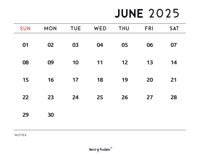 Simple June 2025 Calendar With Notes Section in Sunday Start Version