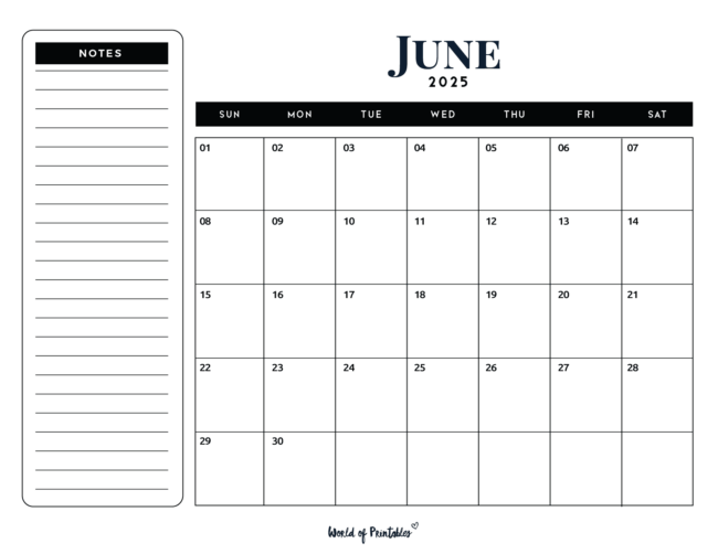 Simple June 2025 Calendar With Notes Section on the Left Side