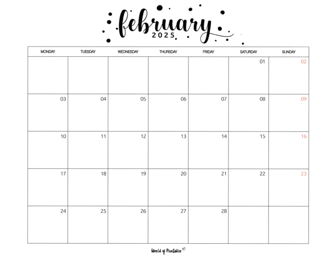 Simple february 2025 calendar with Monday start and weekend highlights