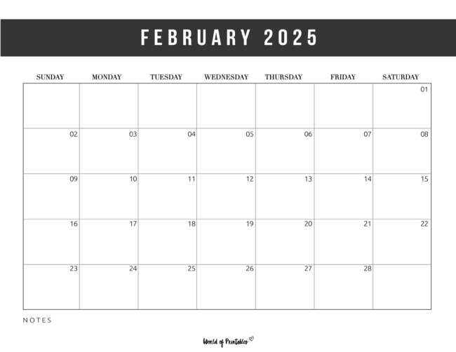 Simple february 2025 calendar with bold header and Notes section